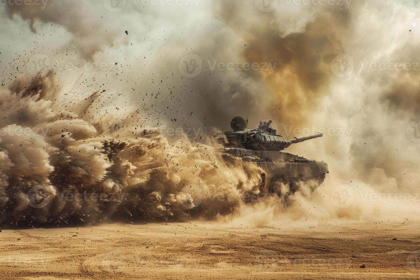 A tank is driving through a sand field photo