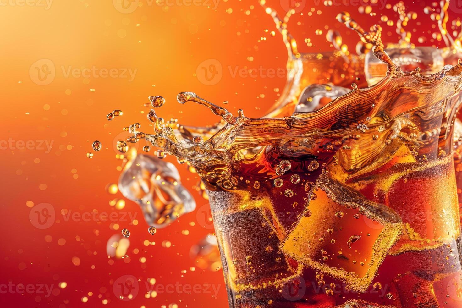 Cola splash with ice cubes on red background photo