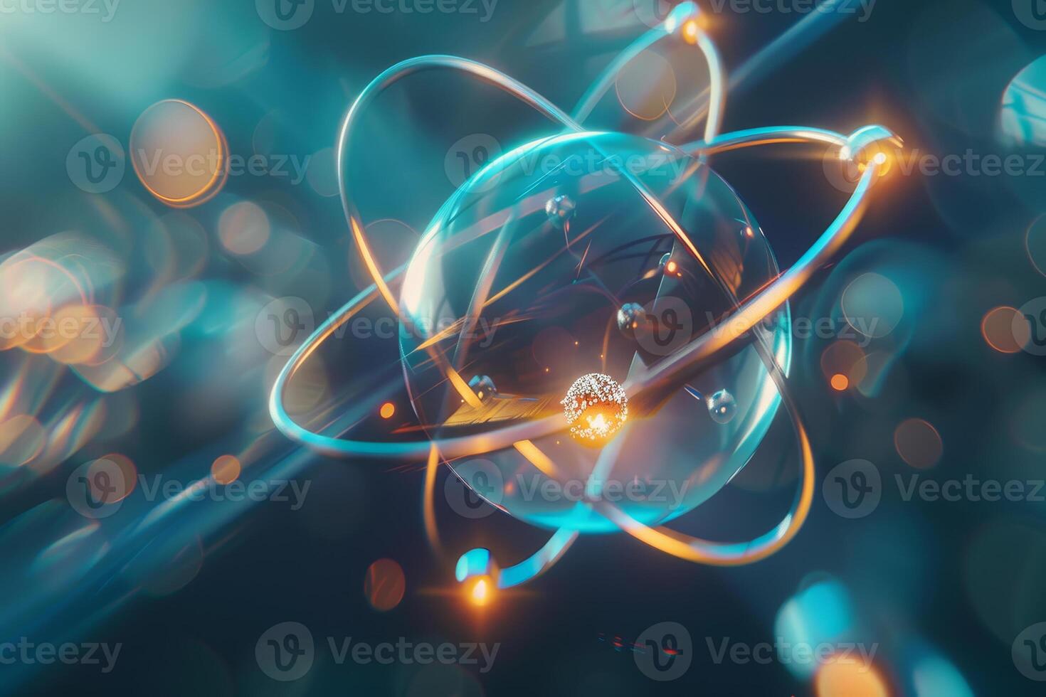 An abstract image of an atom with glowing lights photo