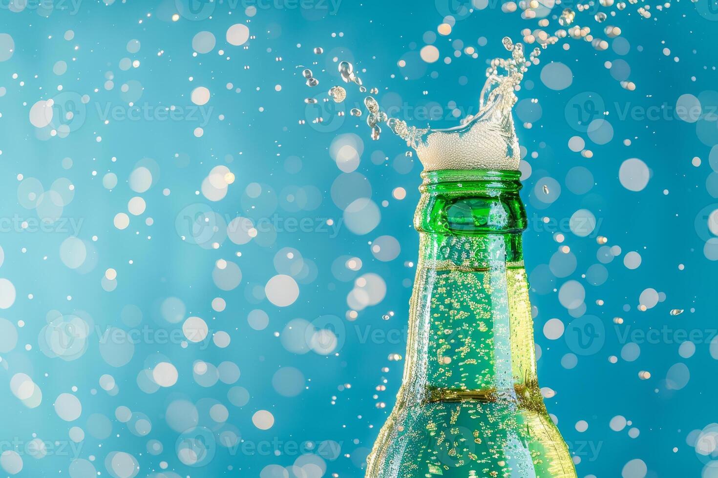 A bottle of beer is being sprayed with water photo