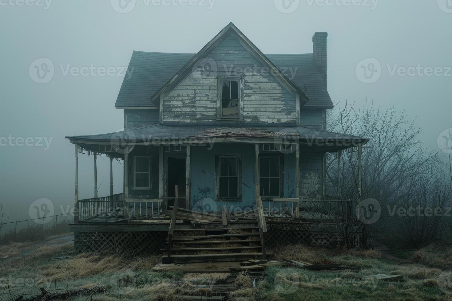 A run down house with a porch and steps photo
