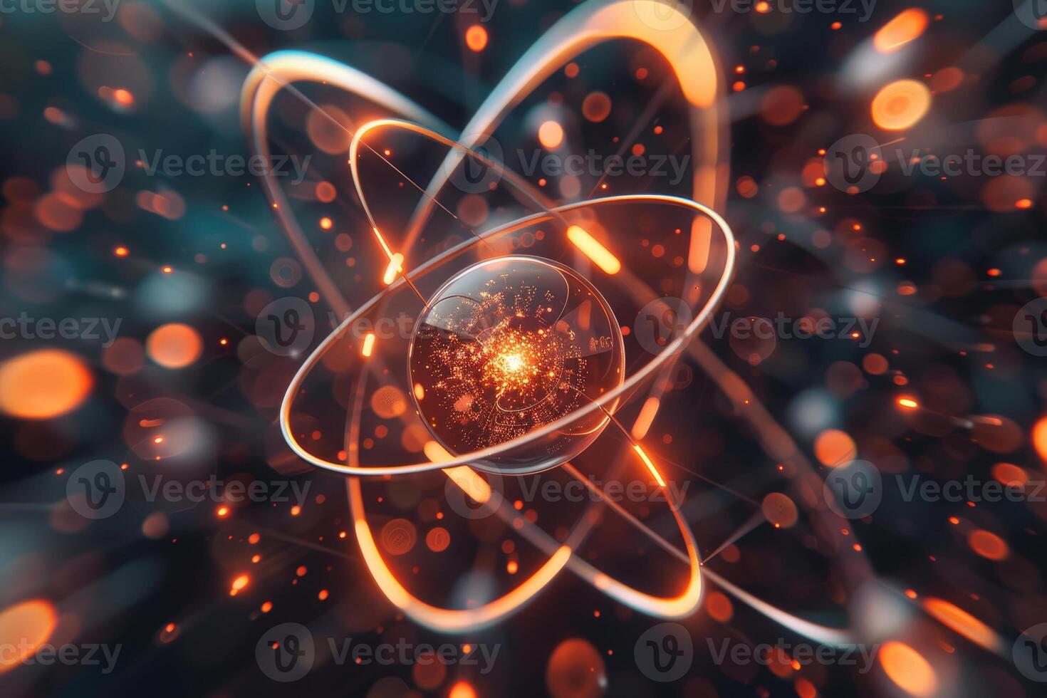 An abstract image of an atom with glowing lights photo
