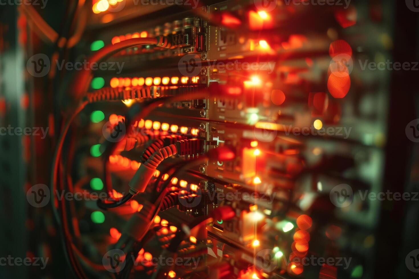 A computer server with many cables and lights photo