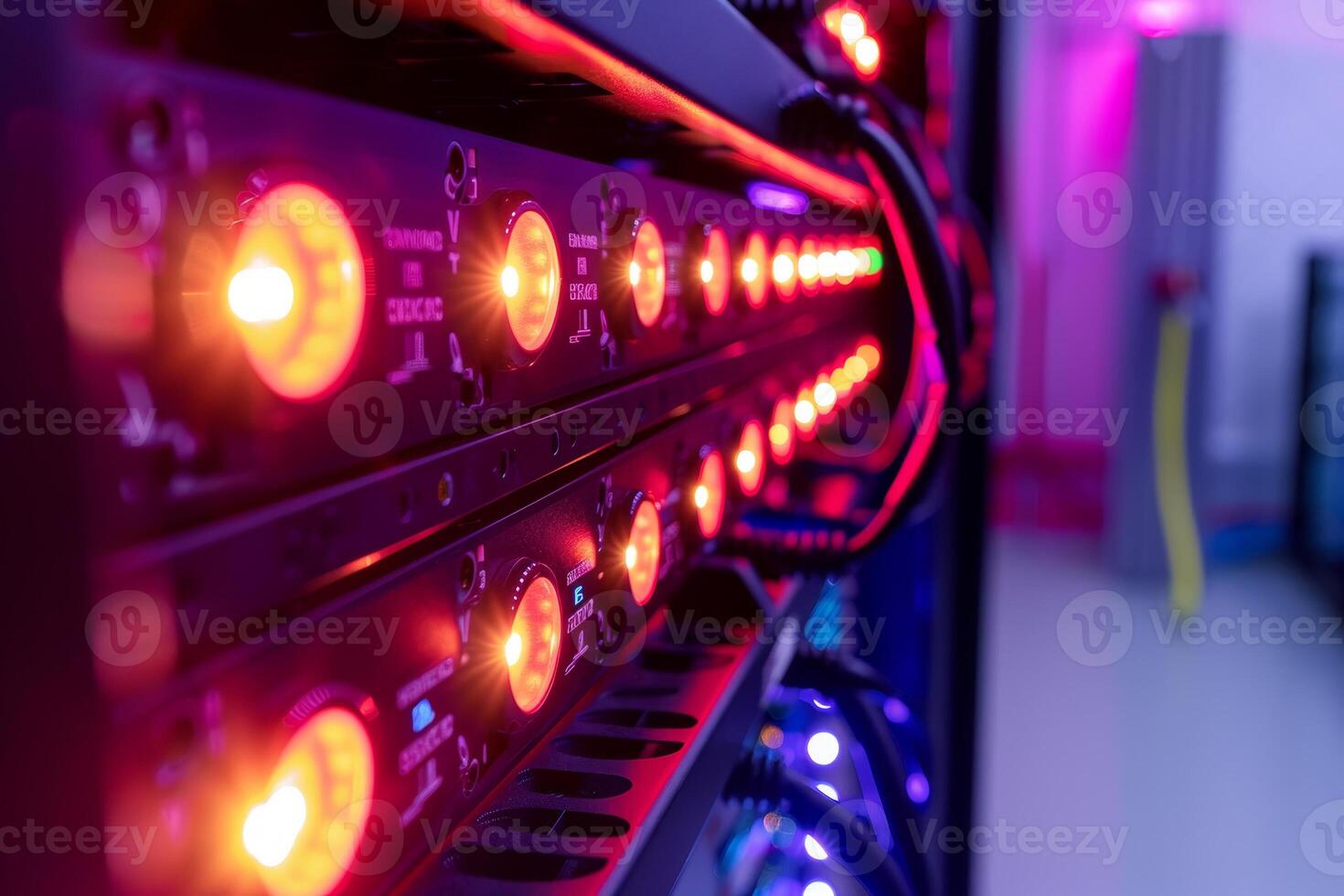 A row of computer servers with lights on them photo