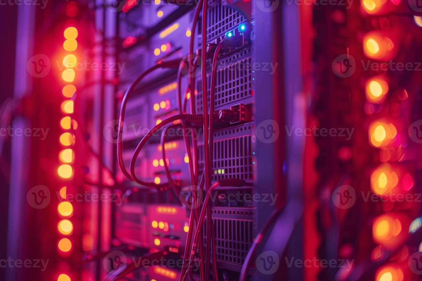 A computer server room with red lights and wires photo
