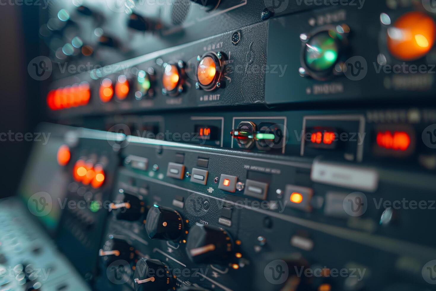 A row of electronic equipment with a green light on the middle one photo