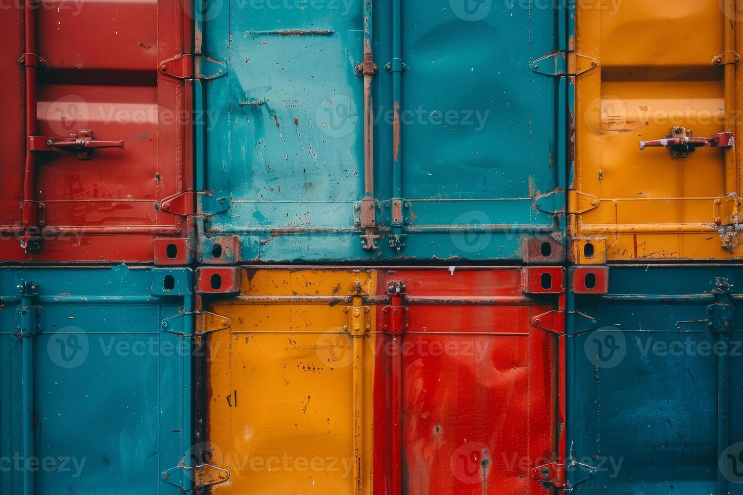 A colorful stack of containers, with each container being a different color photo