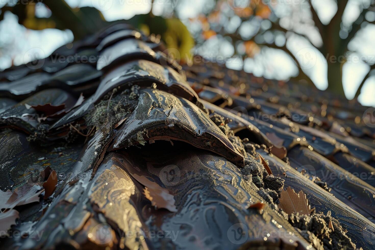 A roof with leaves and debris on it photo