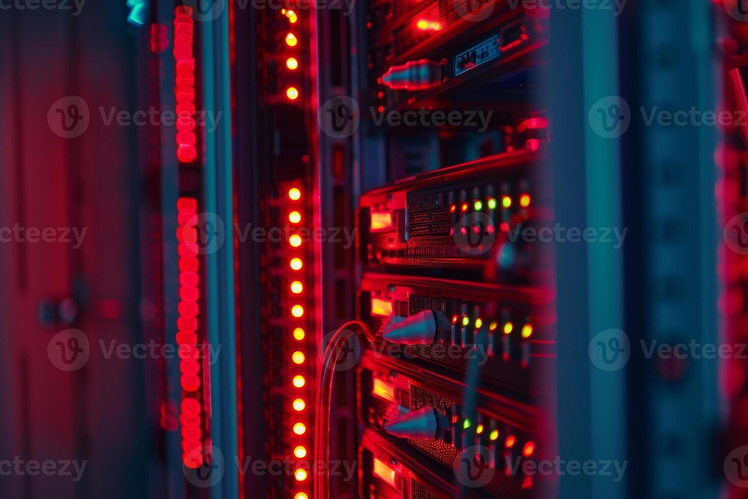 A row of computer servers with red lights on photo