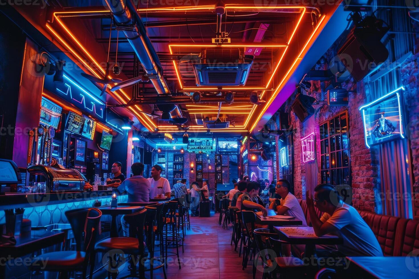 A neon lit bar with people sitting at tables and a neon sign on the wall photo