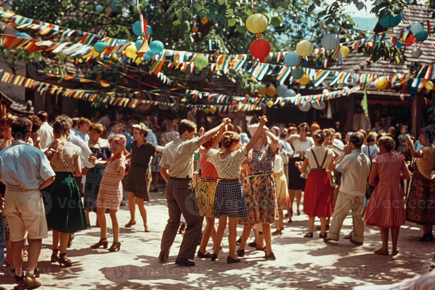 A group of people are dancing in a courtyard photo