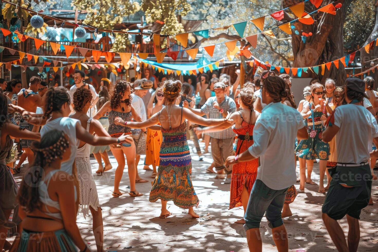A group of people are dancing in a field with colorful banners and flags photo