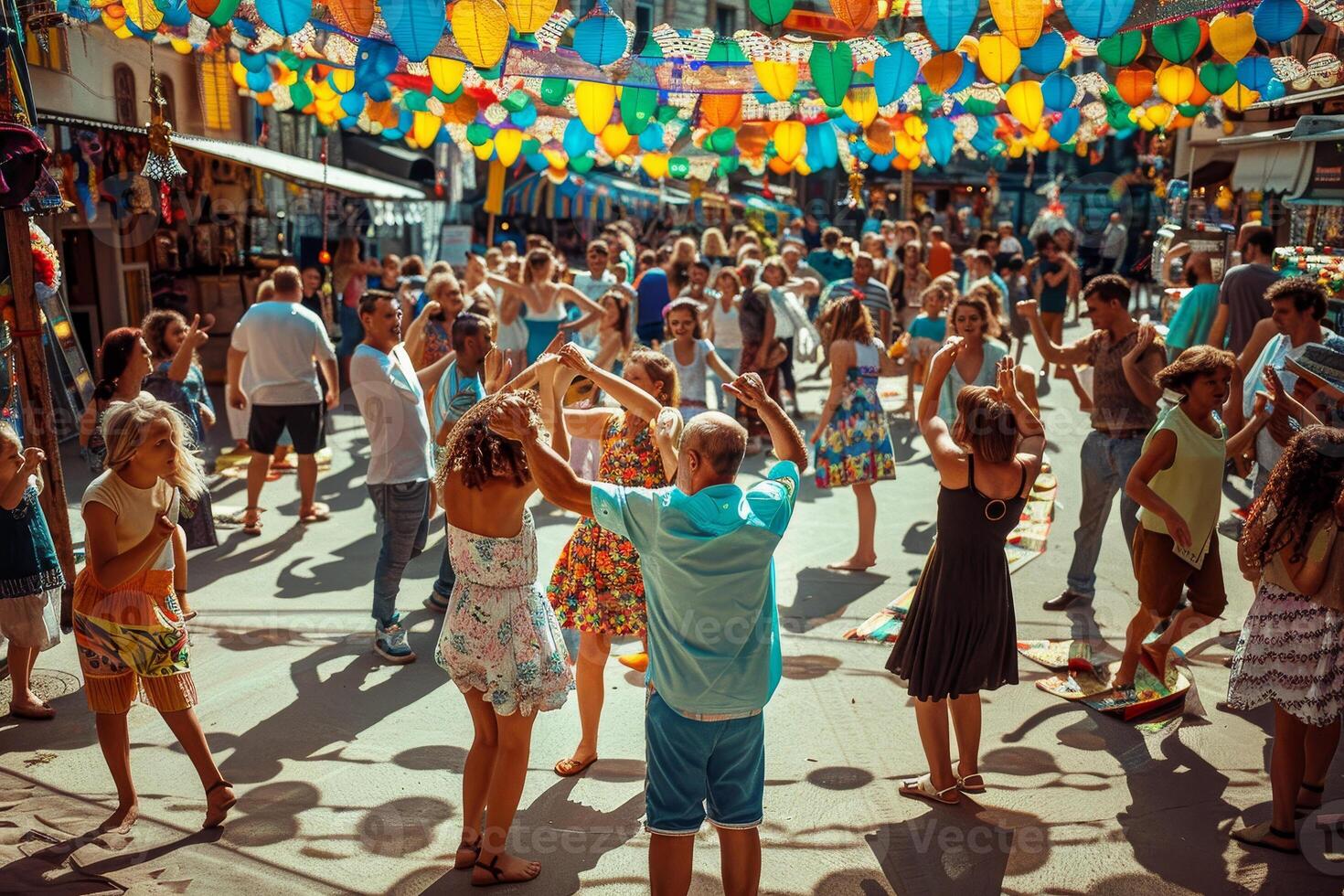 A group of people are dancing in the street photo