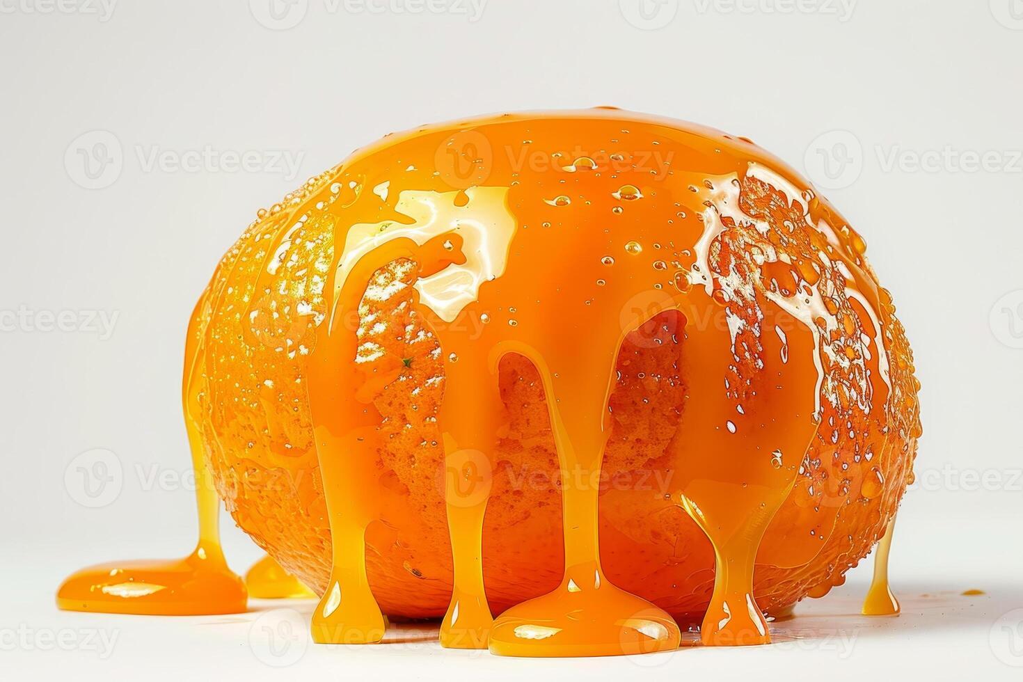 A dripping orange with a drizzle of caramel on top photo
