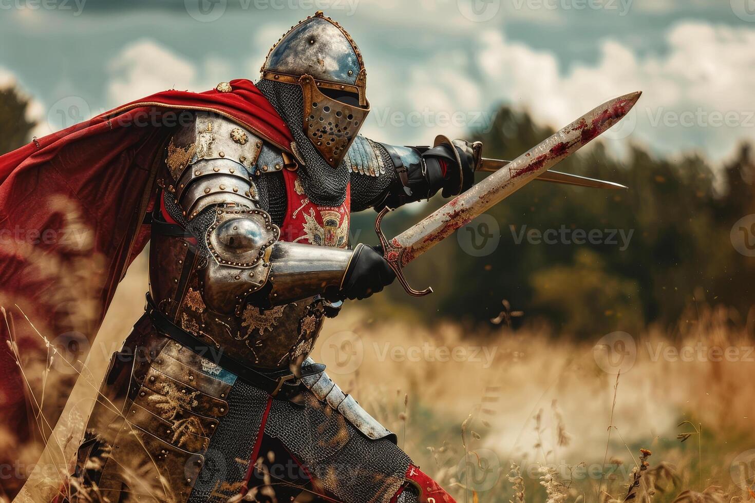 A knight in full armor is holding a sword and is about to attack photo
