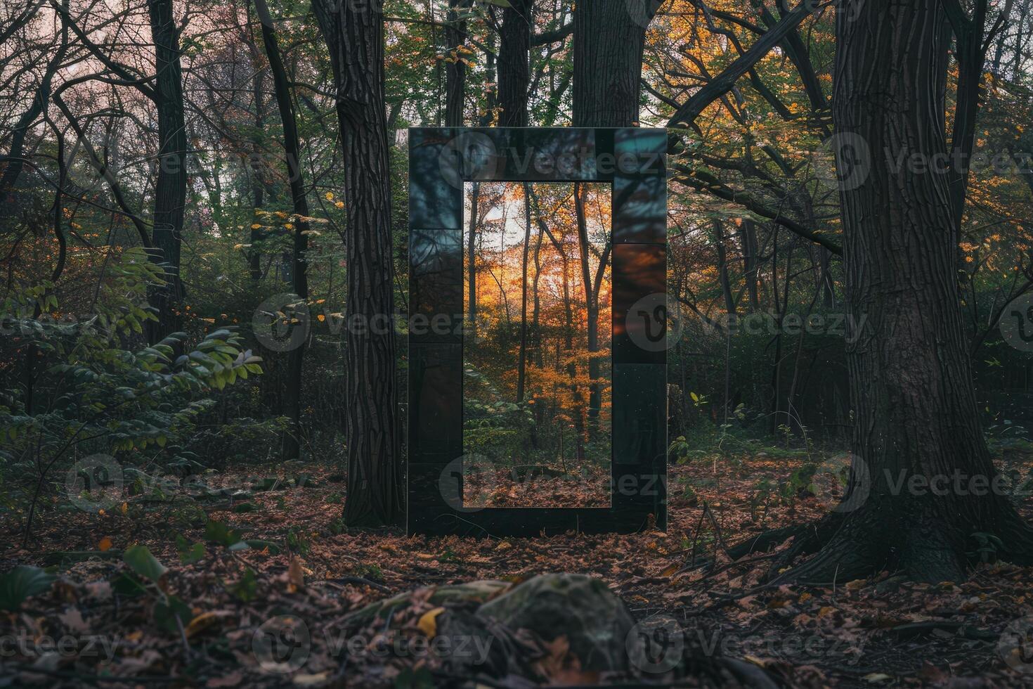 A large mirror is placed in the middle of a forest photo