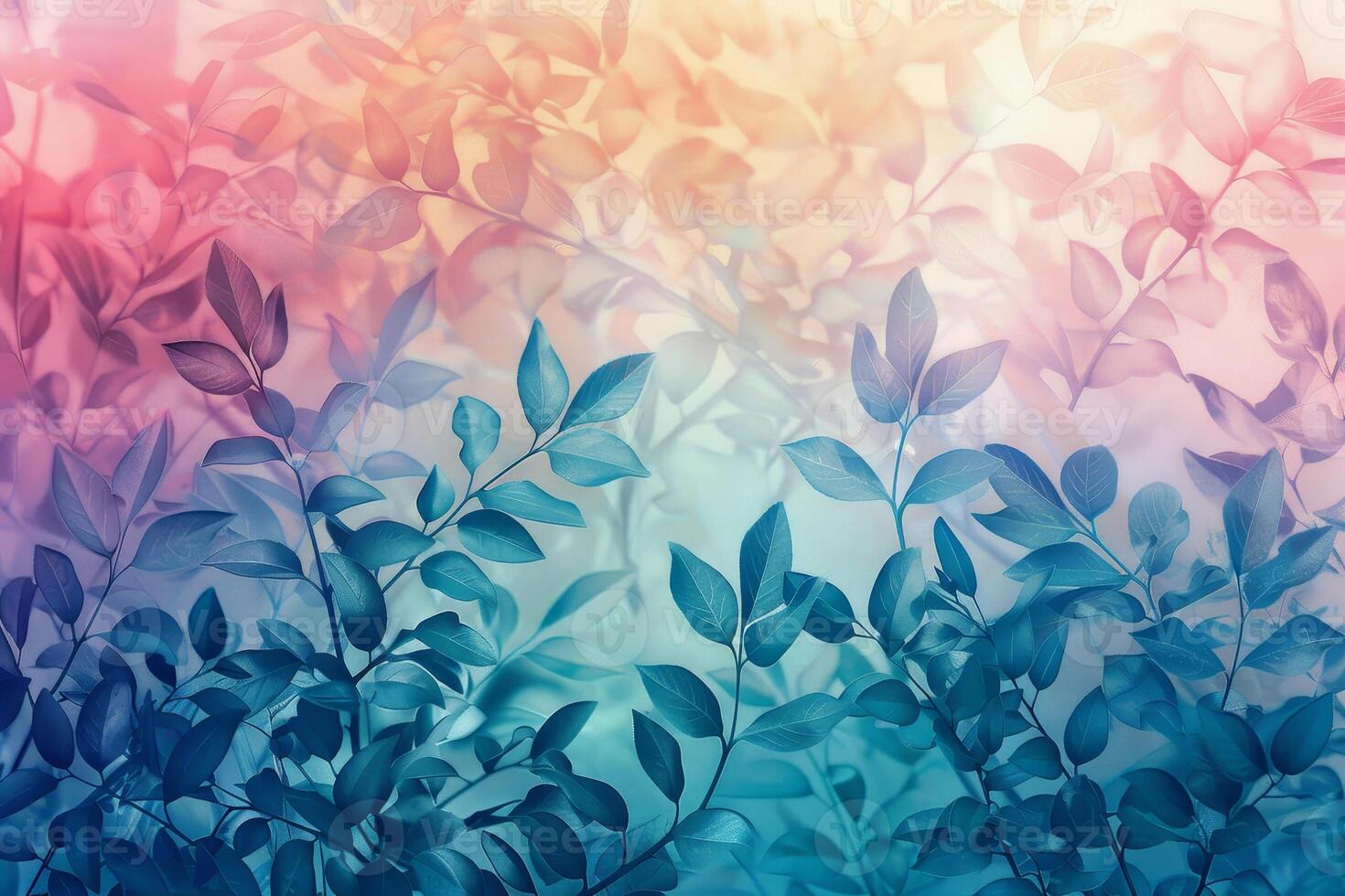 A painting of blue and pink leaves on a blurred background photo