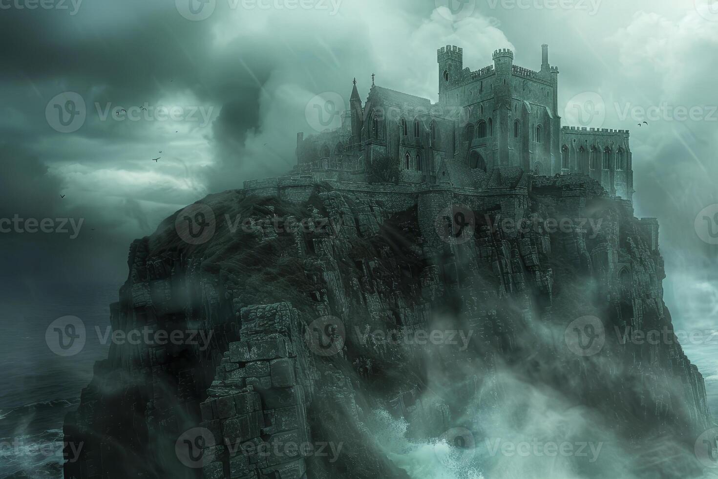 A castle on a rock in the ocean photo