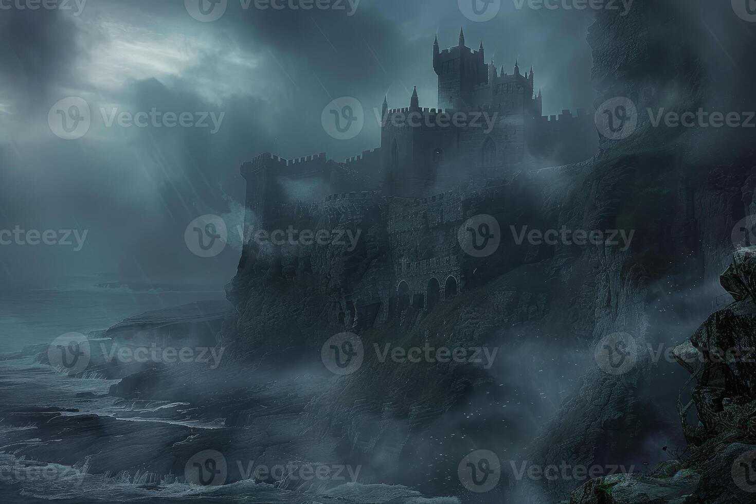 A castle on the edge of the ocean with fog photo