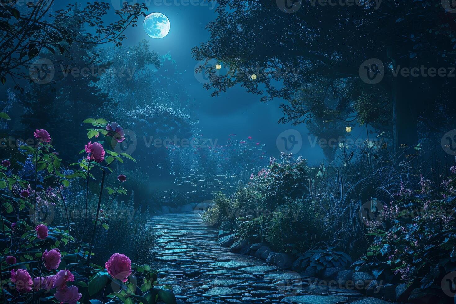 A path leads to a garden with flowers and a full moon photo