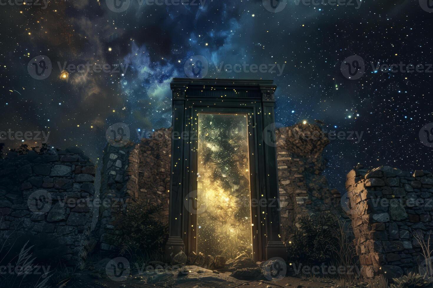 An open door in the middle of a stone wall photo