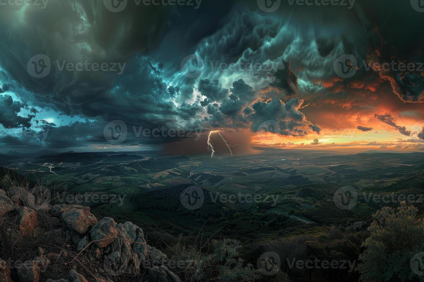 A stormy sky with a lightning bolt coming out of it photo