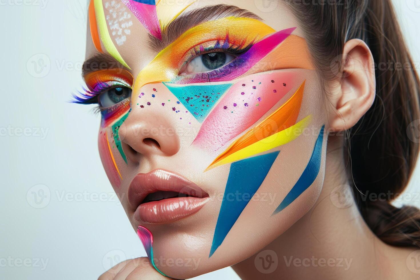 A woman with colorful makeup and a geometric design on her face photo