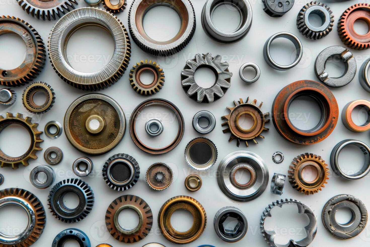 A group of gears and other metal parts photo