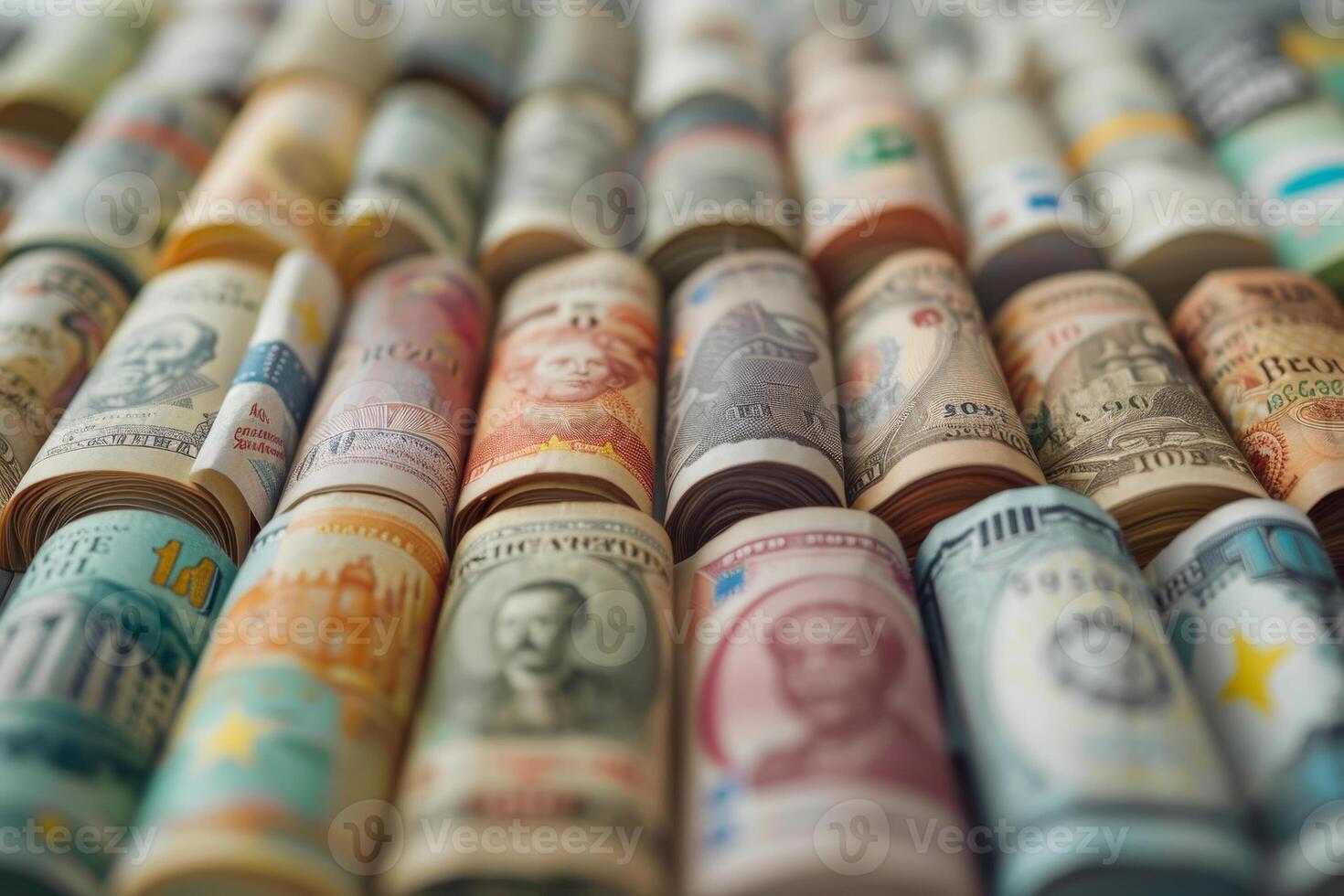 Many different types of money are stacked together photo
