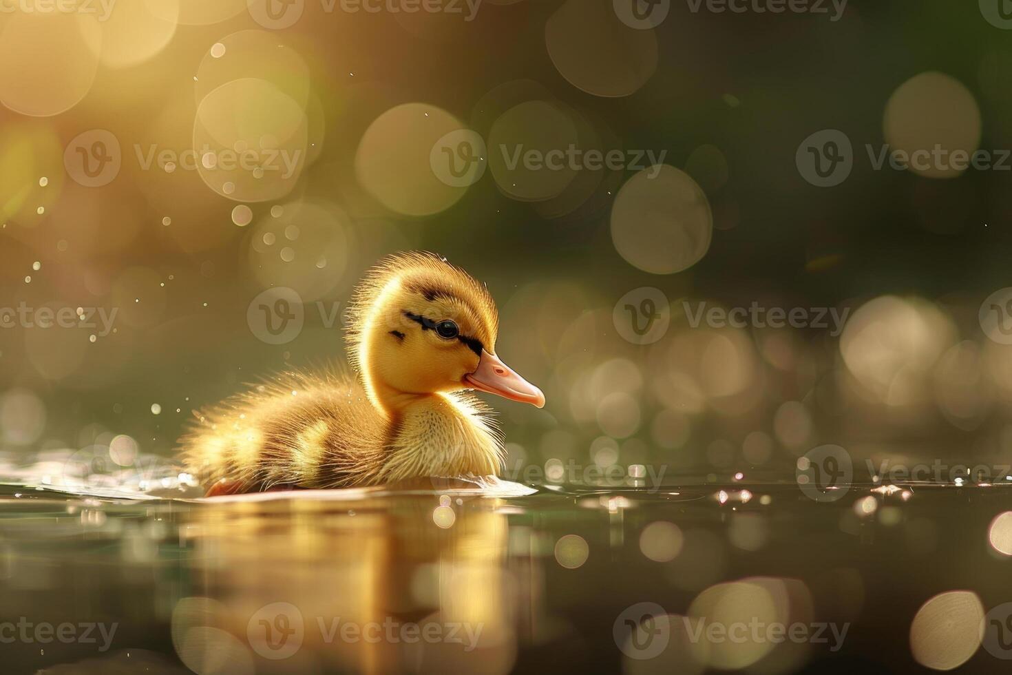 A duckling swimming in the water with a sun shining photo