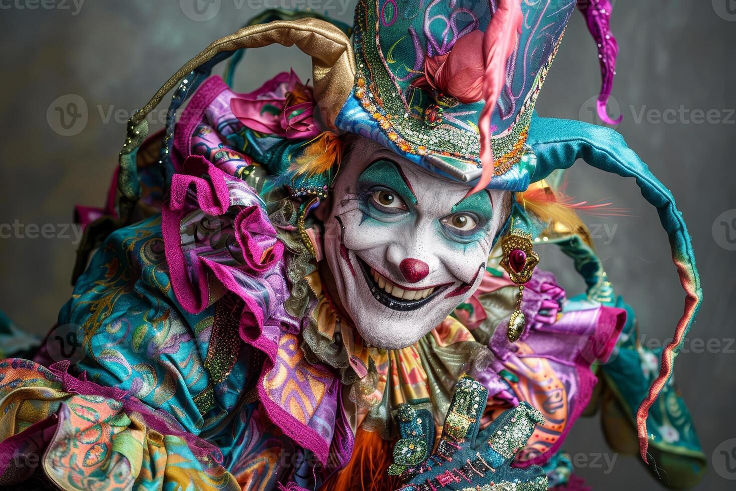A clown in colorful costume with a smile photo