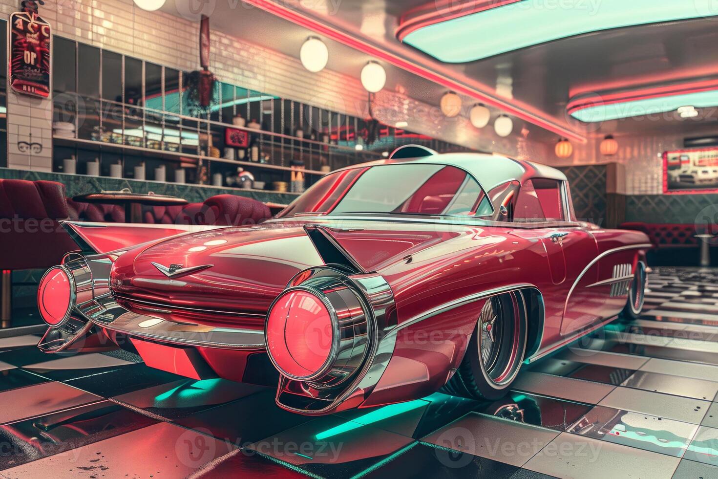 A red car parked in a diner photo