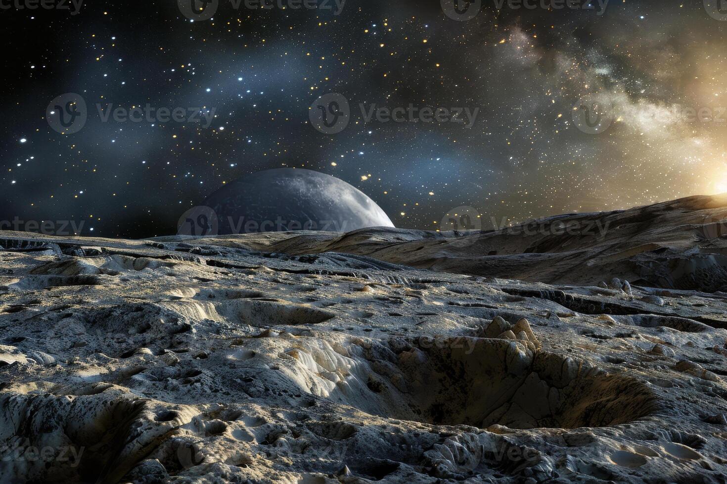 An alien landscape with a moon and stars photo