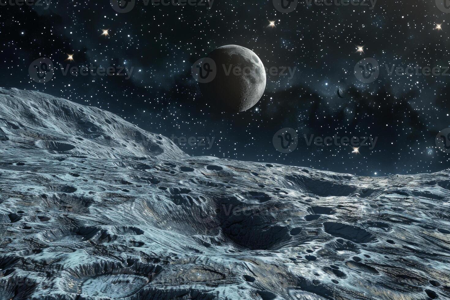 A moon is in the sky above a rocky, snowy surface photo