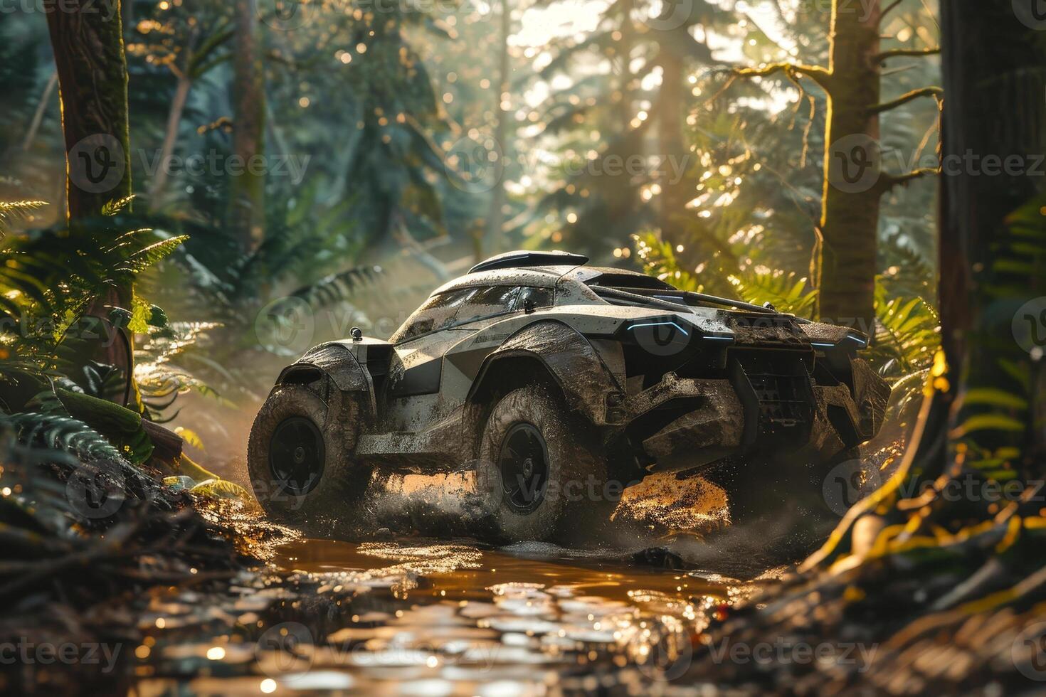 A vehicle driving through the woods photo