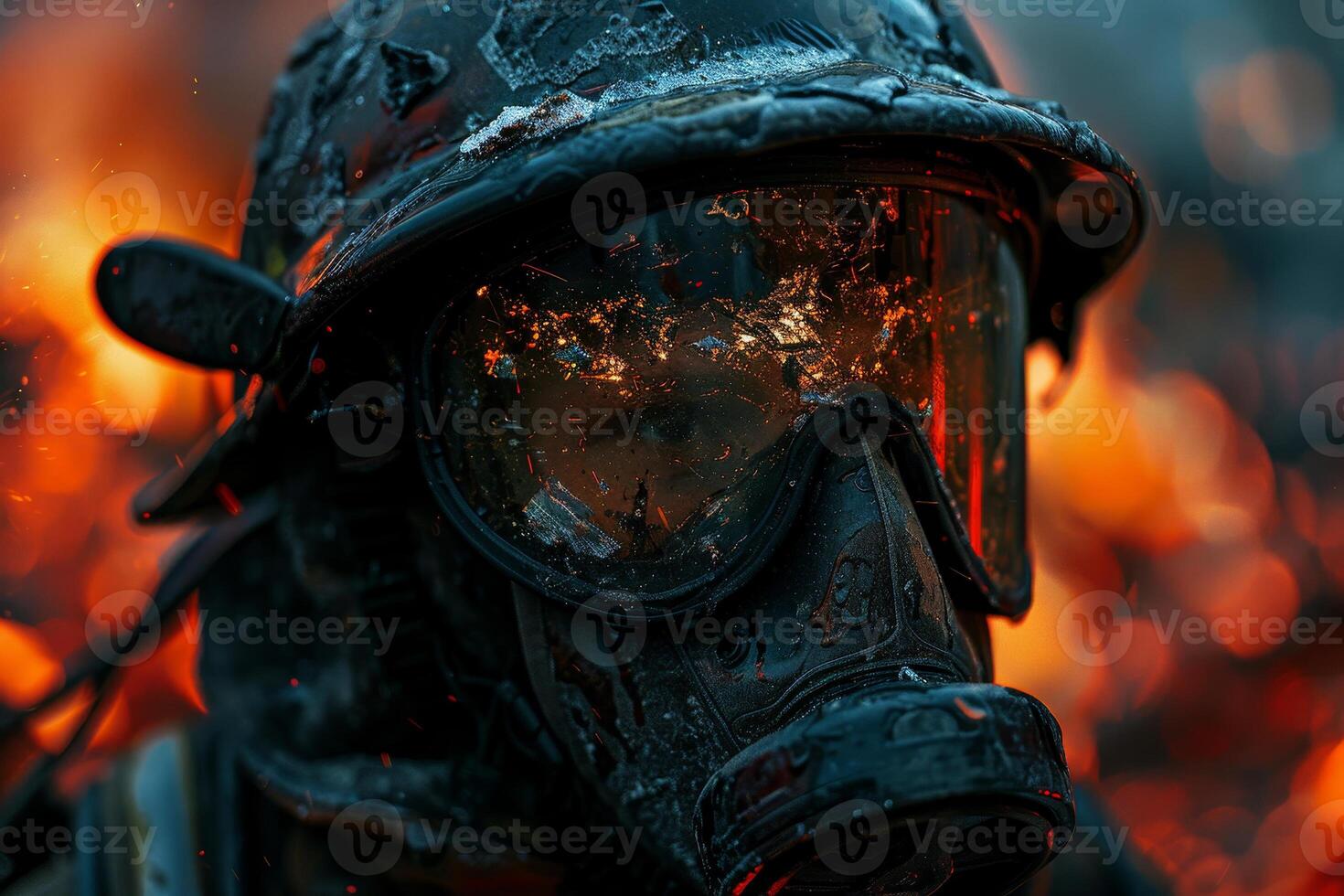 A firefighter is wearing a black mask and helmet, with a fire in the background photo
