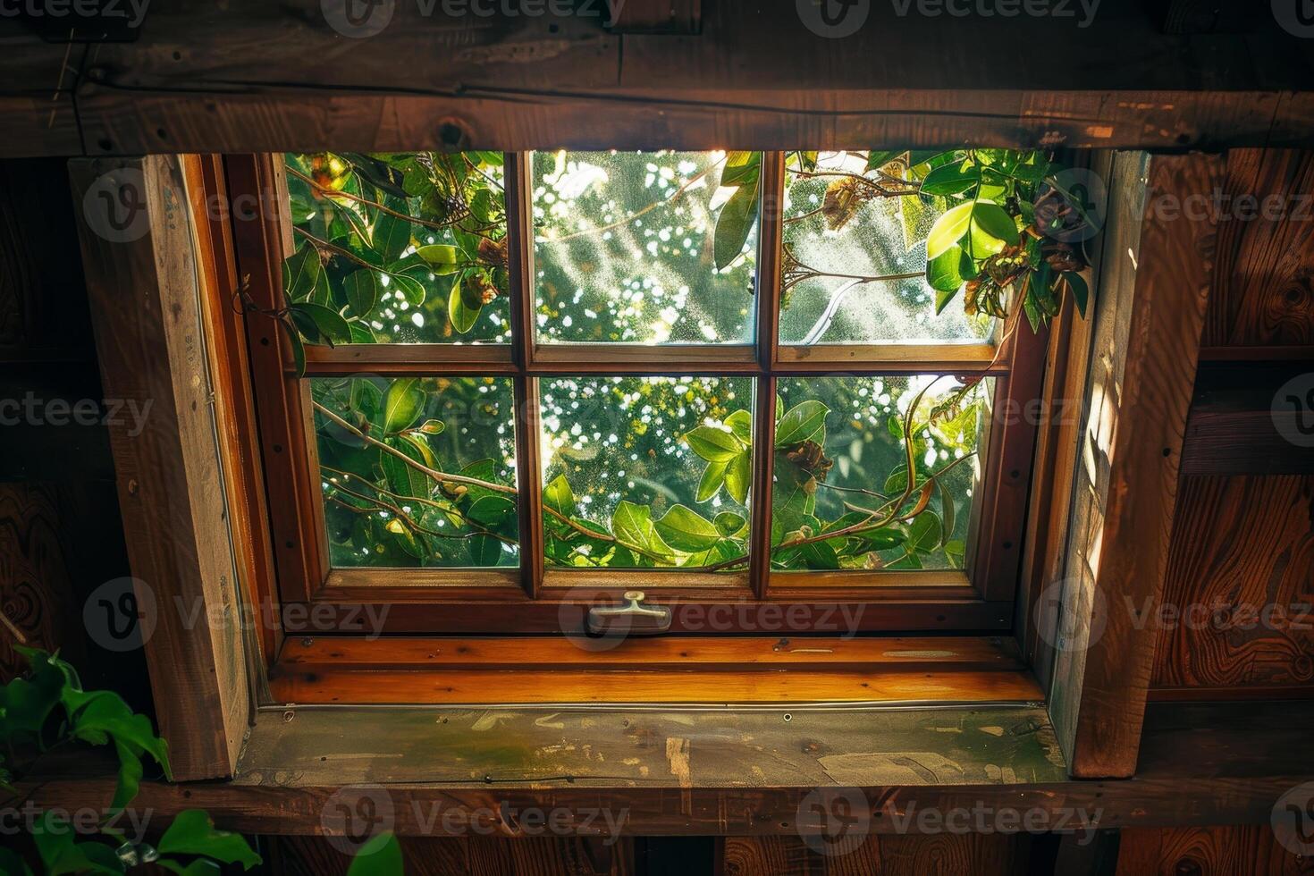 A window with a view of trees and leaves photo