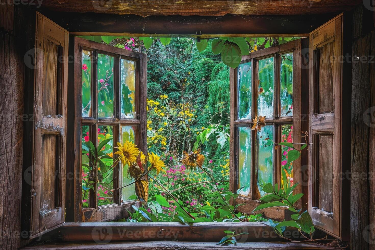 An open window with a view of a garden photo