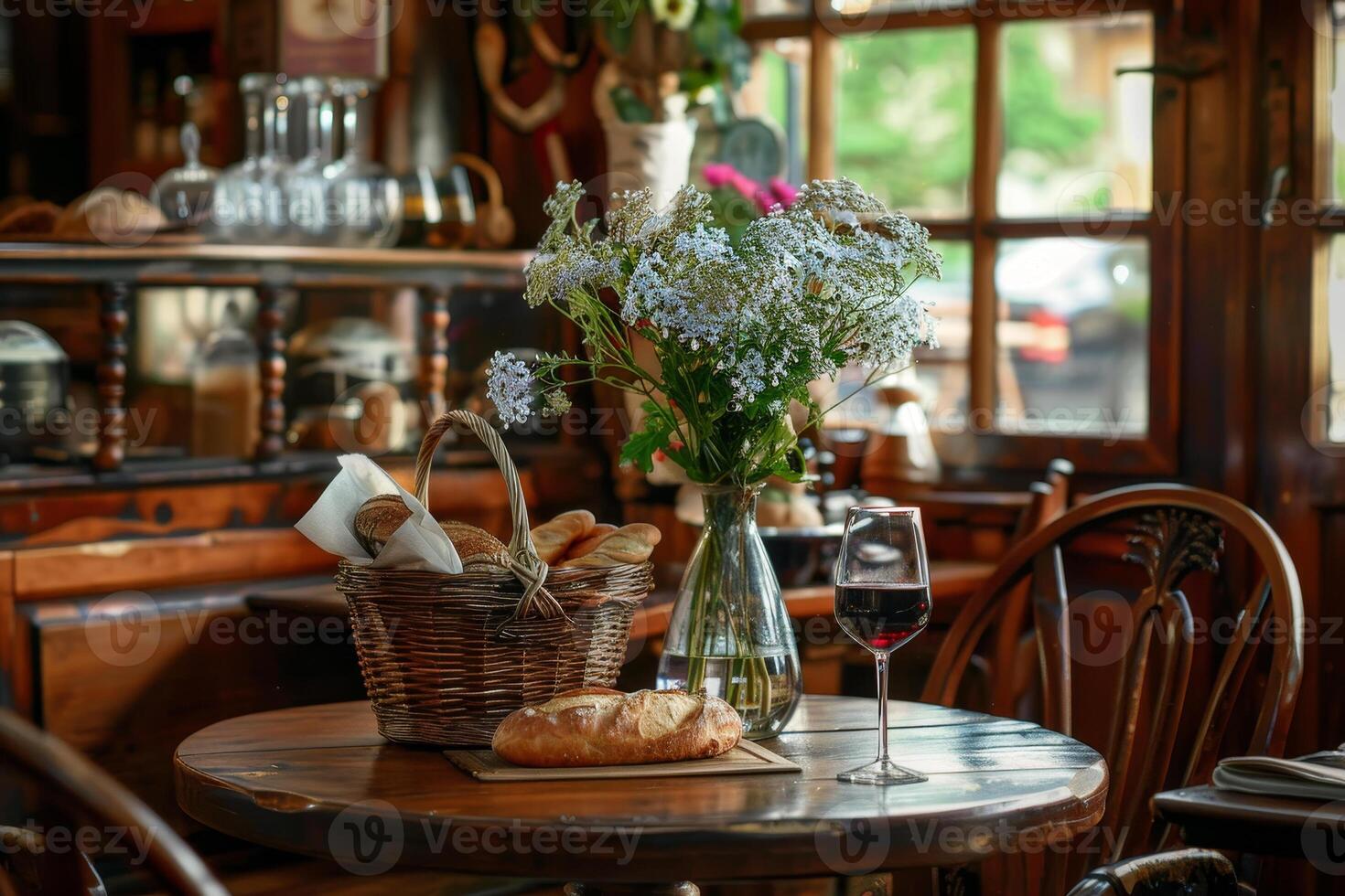 A table with a vase of flowers, a basket of bread, and a wine glass photo