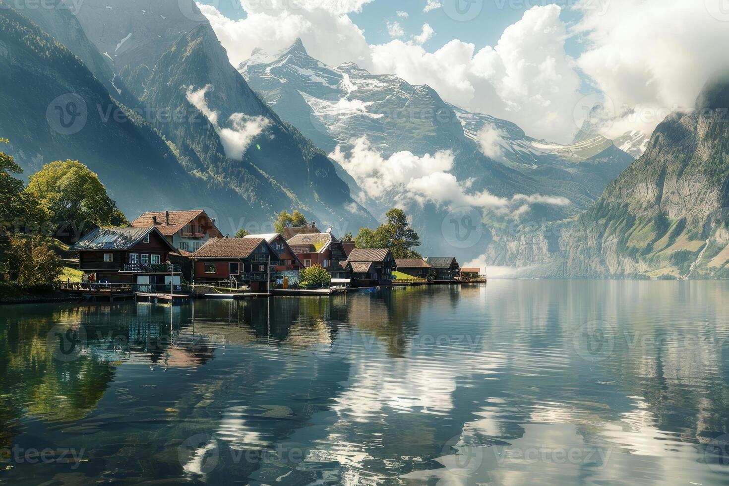 A beautiful mountain lake with a small town on the shore photo