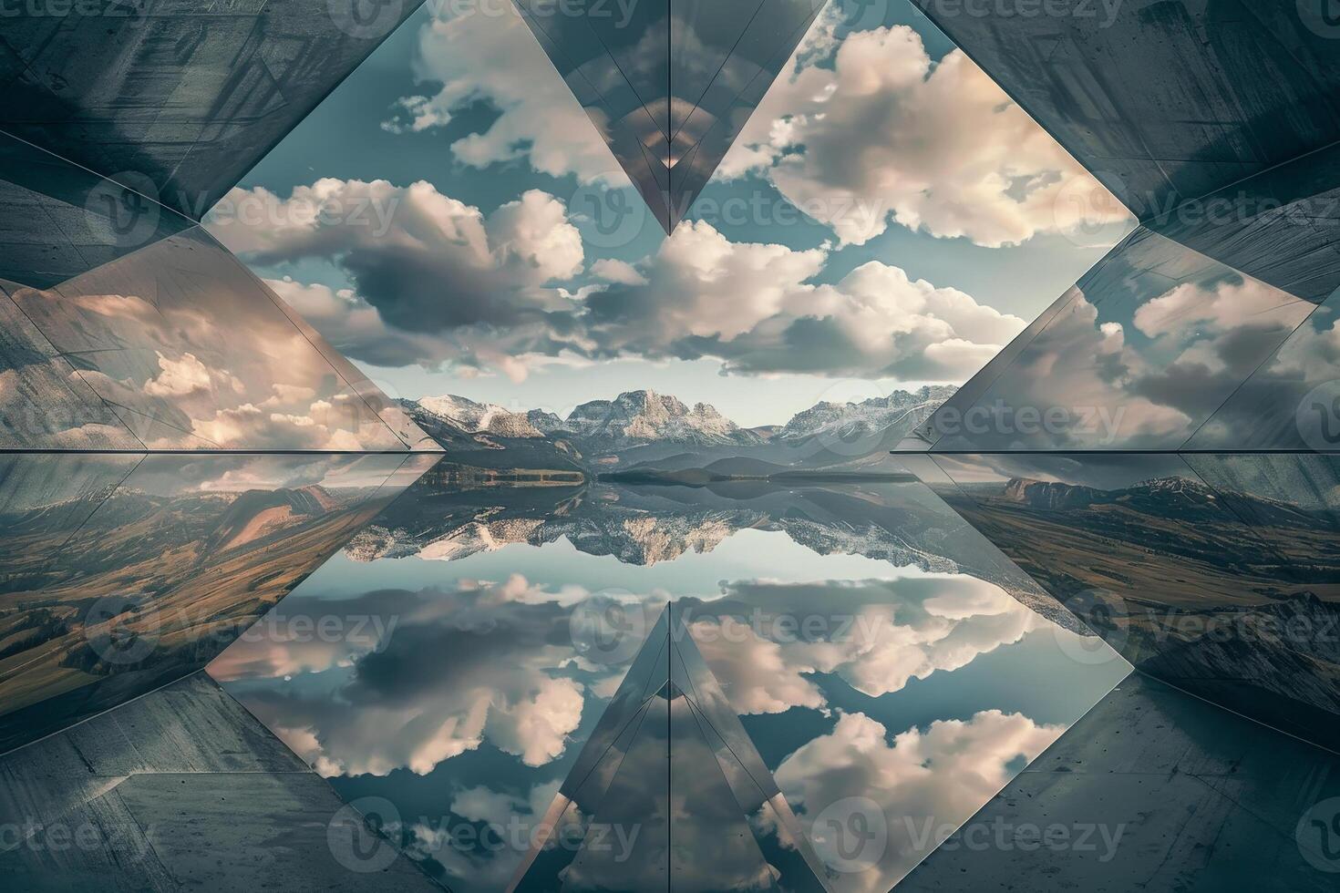 A photo of a mountain and clouds reflected in a mirror
