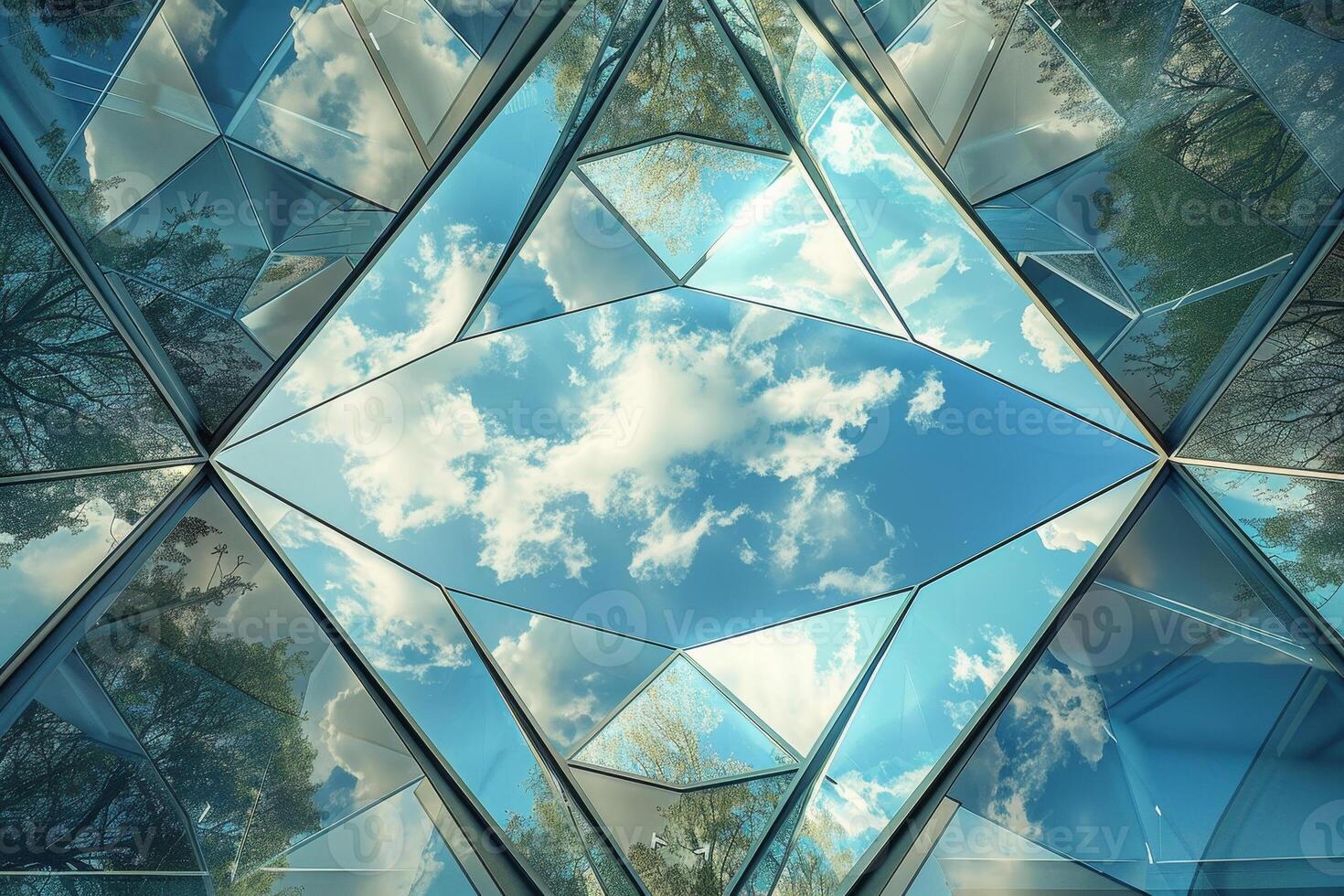 A reflection of the sky in a building with a diamond shape photo