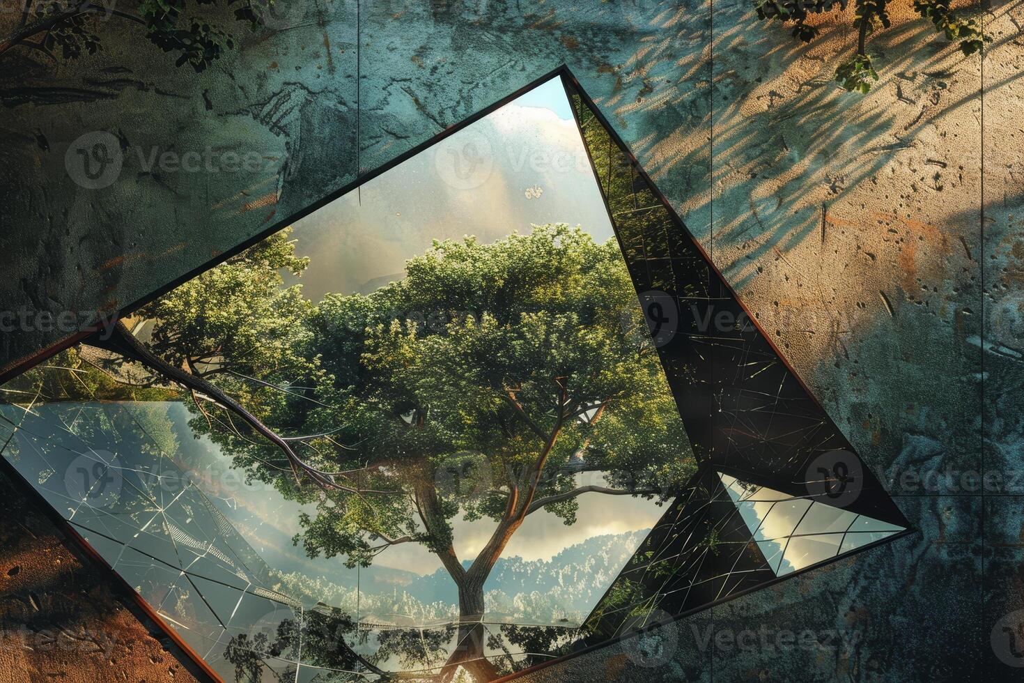 A tree is reflected in a mirror, with the reflection of the tree in the mirror photo