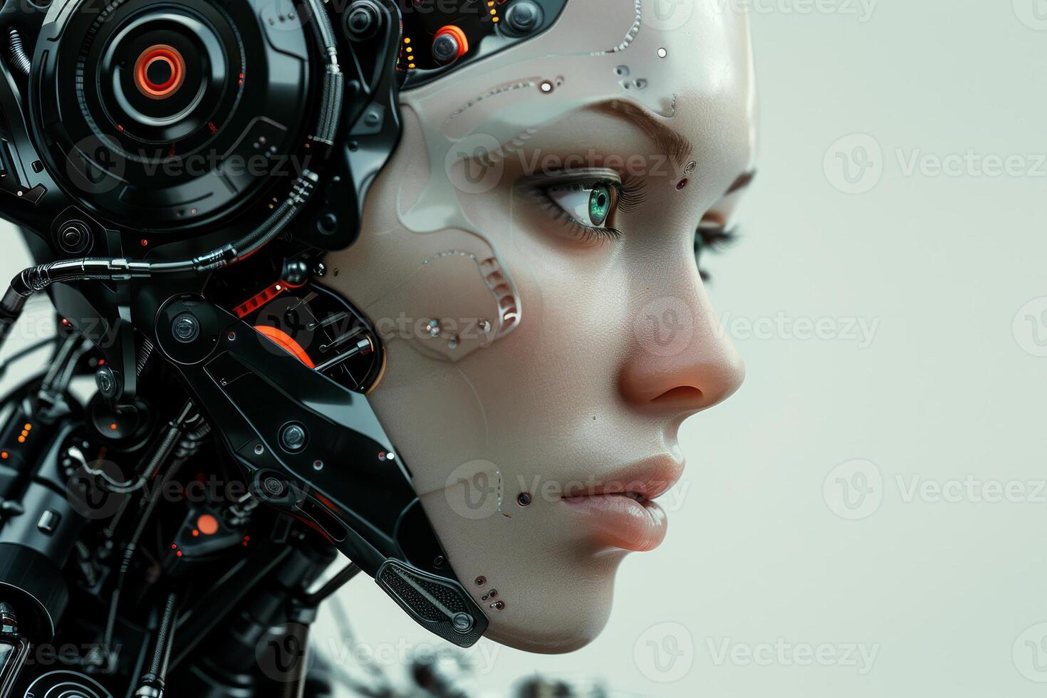 A close up of a woman with a robot head photo