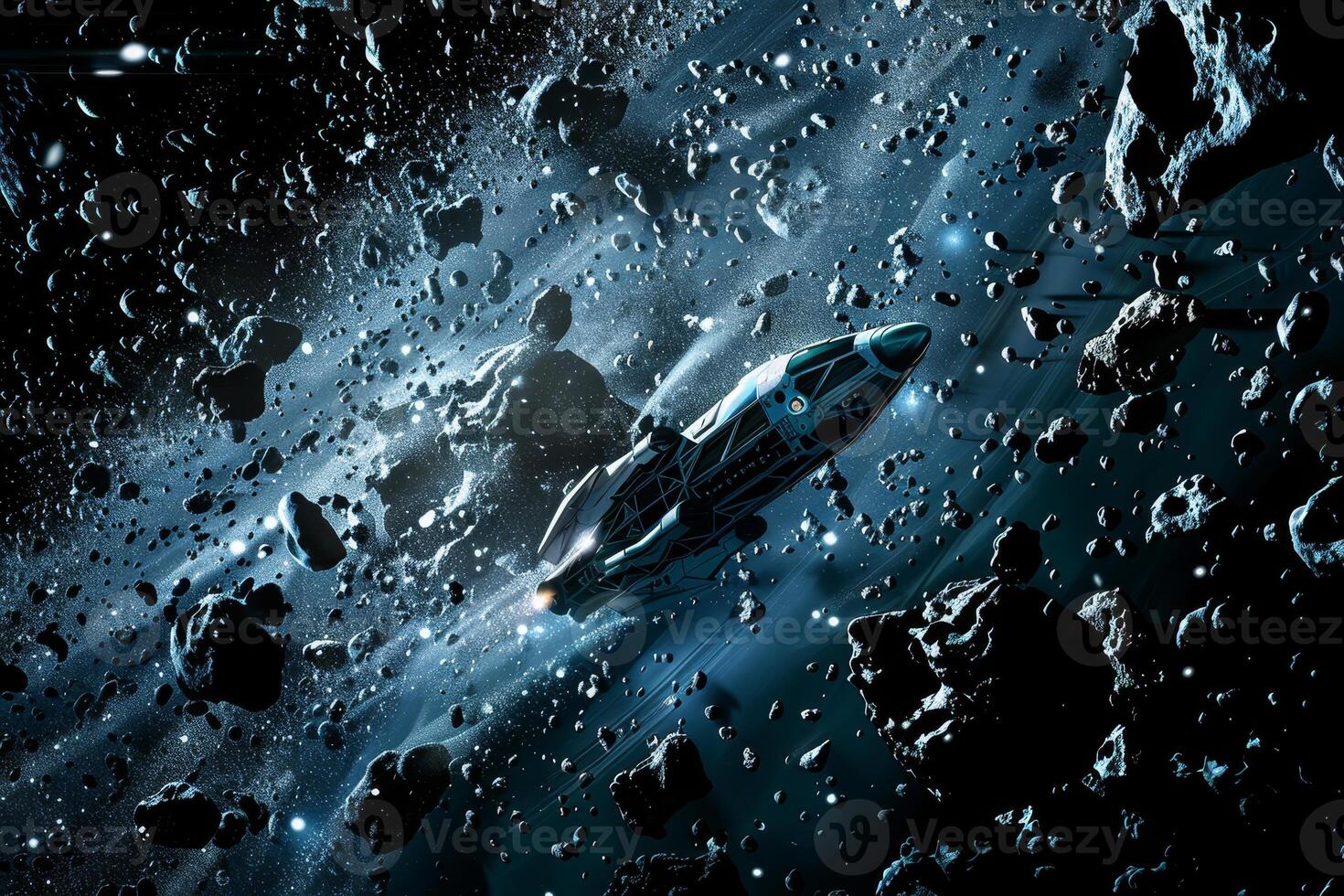 A spaceship is flying through a field of space debris photo