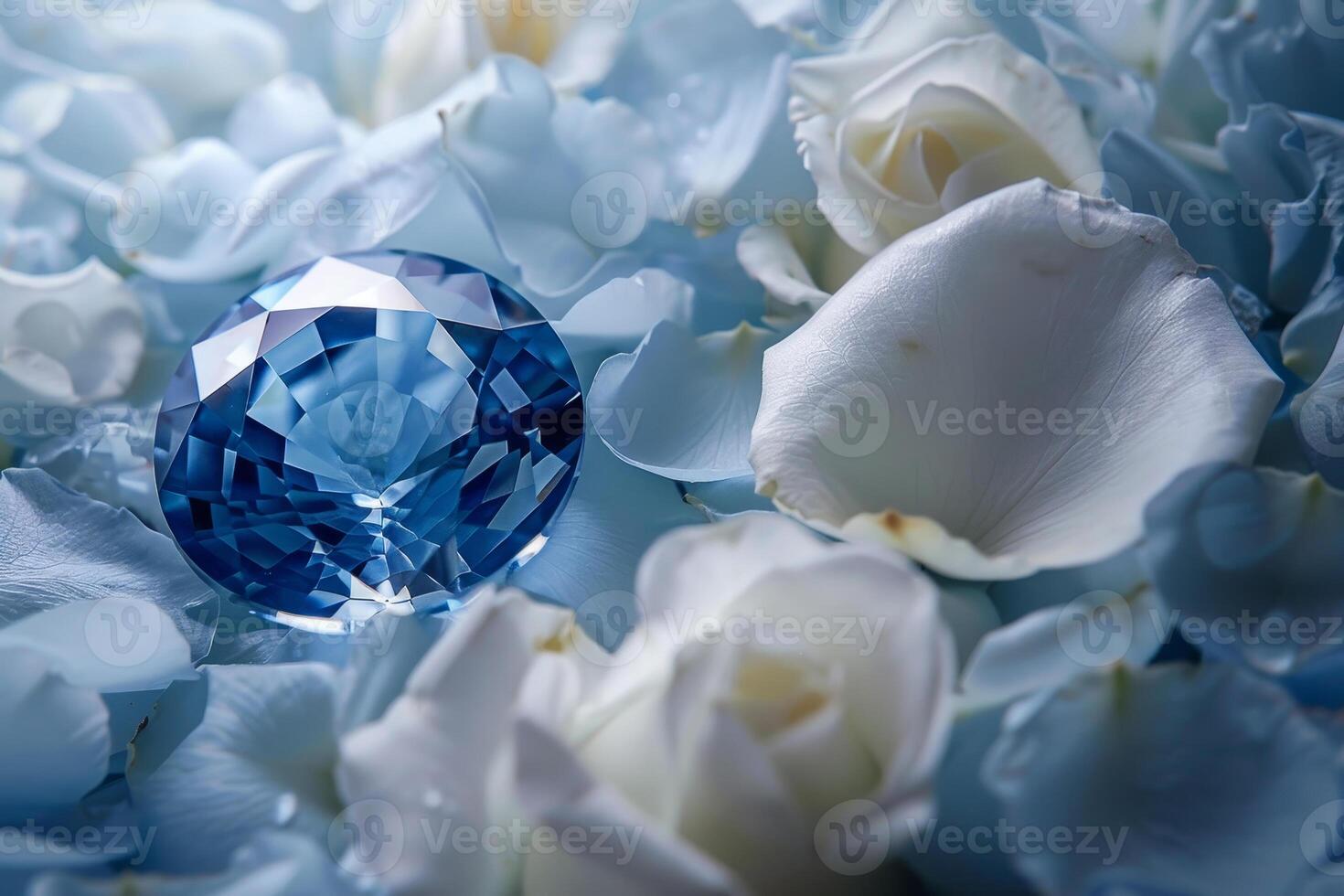 A blue diamond is set on top of a bed of white flowers photo