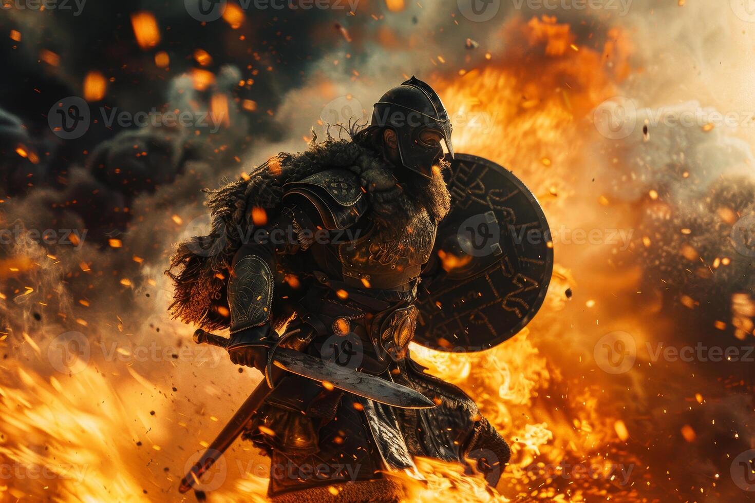 A viking warrior with a shield and sword in front of a fire photo