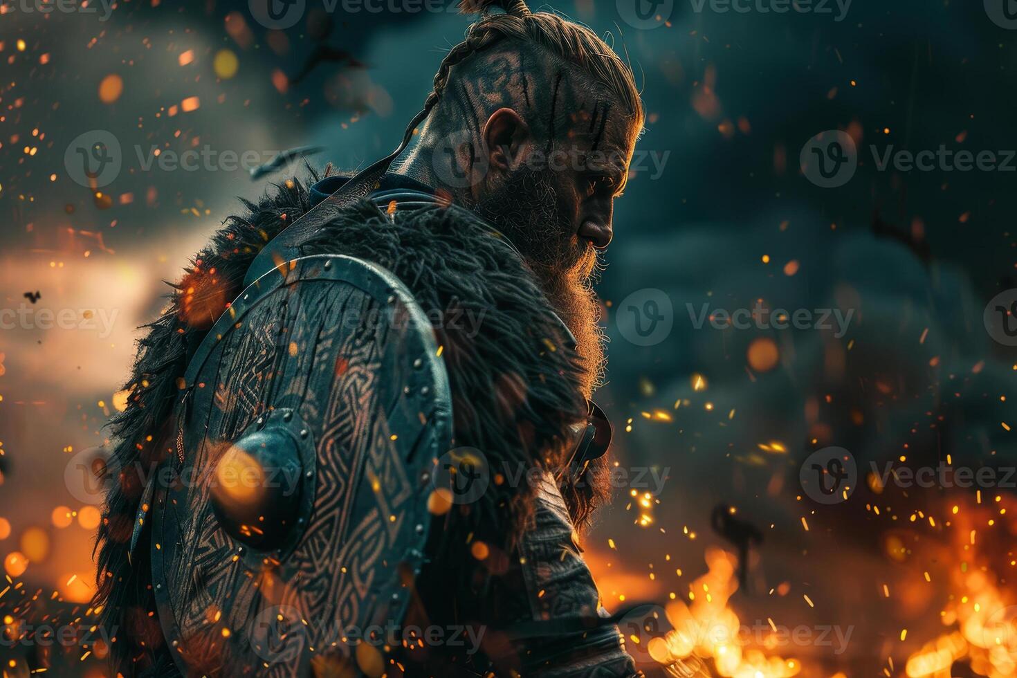 The viking is standing in front of a fire photo