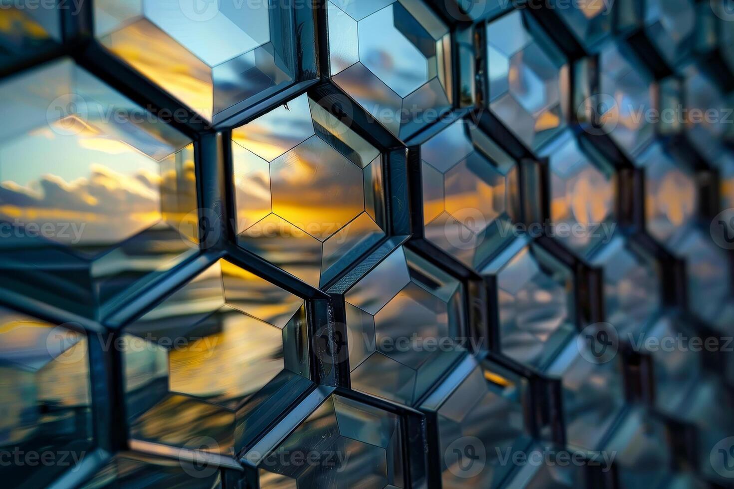 A close up of a glass wall with a sunset in the background photo