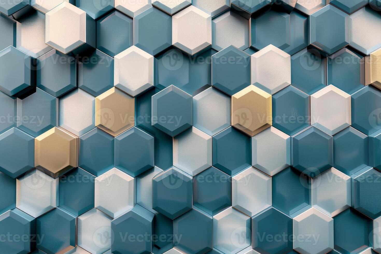 A blue and gold hexagon wall with a gold hexagon in the center photo